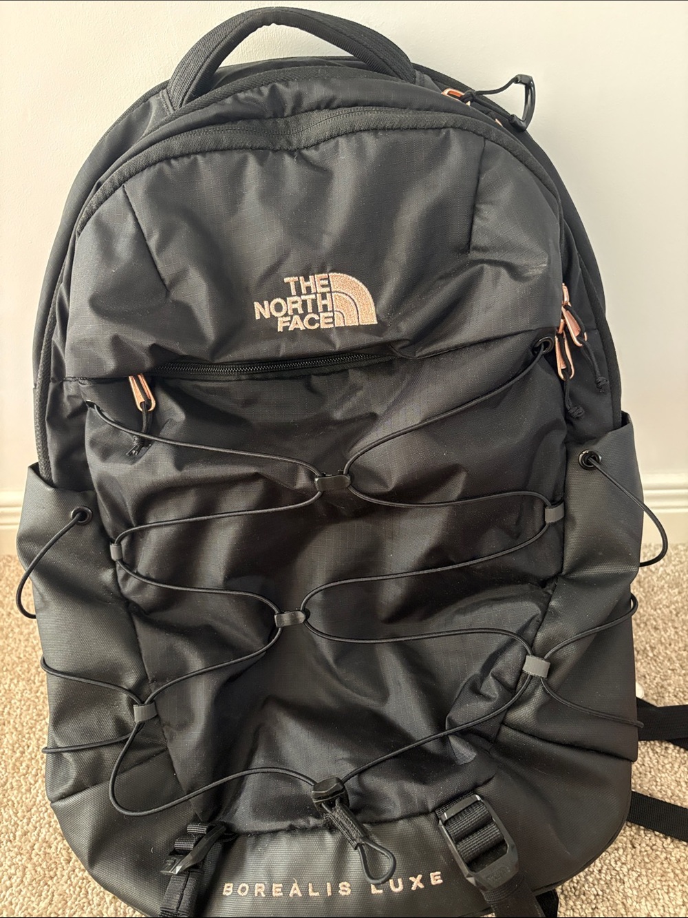 The North Face Borealis Luxe Black Backpack with Rose Gold Accents